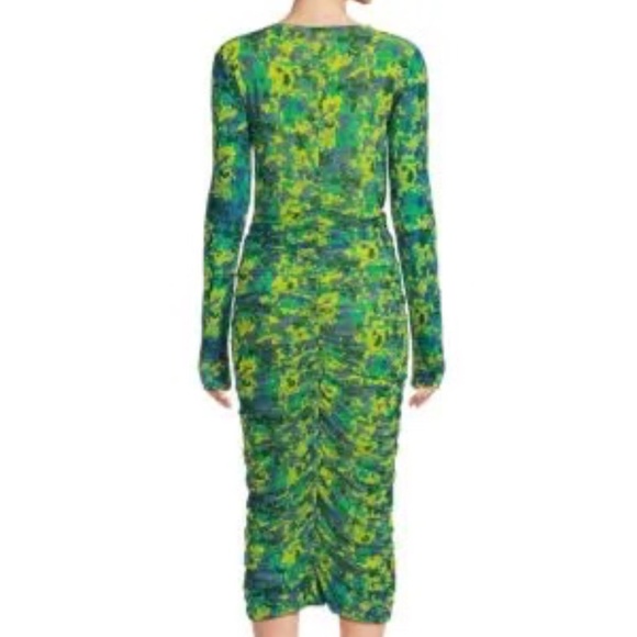 NWOT Ganni Sulphur Spring green abstract print ruched midi dress sz 34/S $395 - Picture 3 of 4